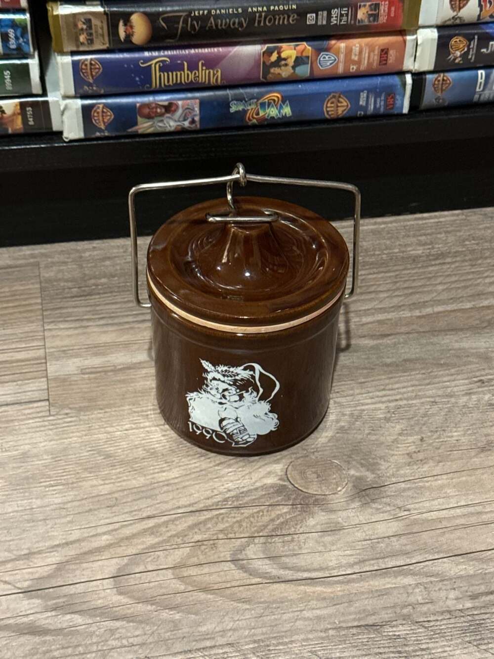 Vintage 1990 Santa Claus Brown Stoneware Cheese Crock with Locking Lid